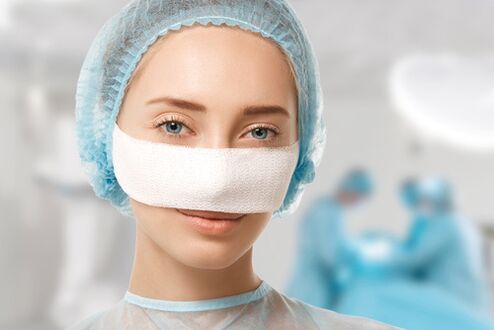 Bandage fixed on the nose during rehabilitation after rhinoplasty